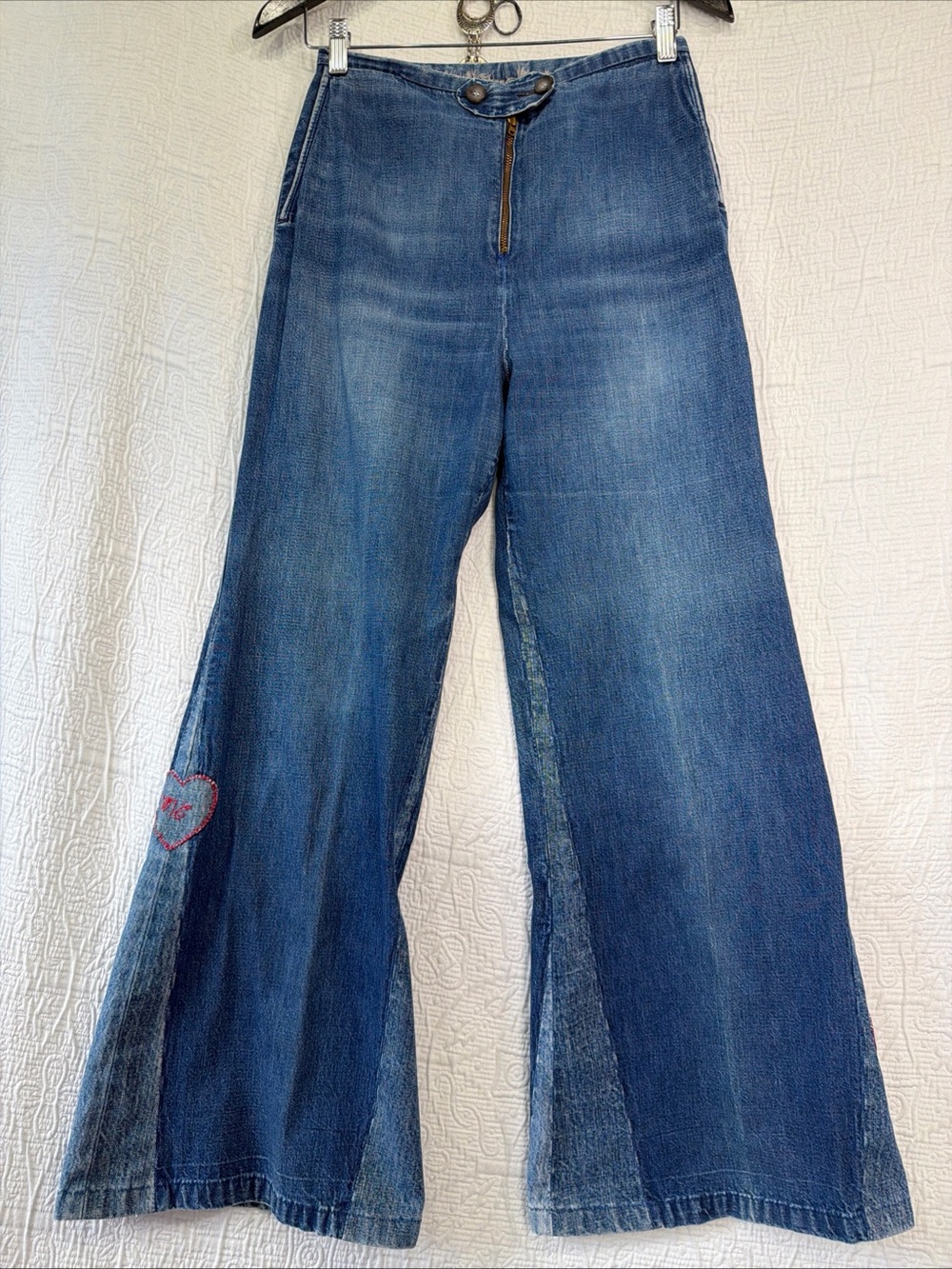 Vintage Homemade Bell Bottom Jeans High Rise Wide Leg Patchwork Talon Zip 26x30